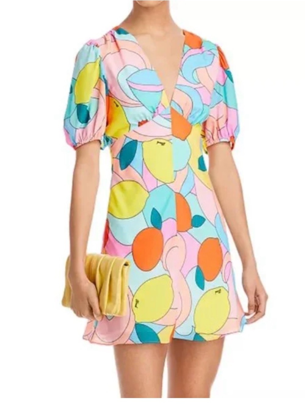STAUD Milla Mini Dress in the Citrus Kaleidoscope print.